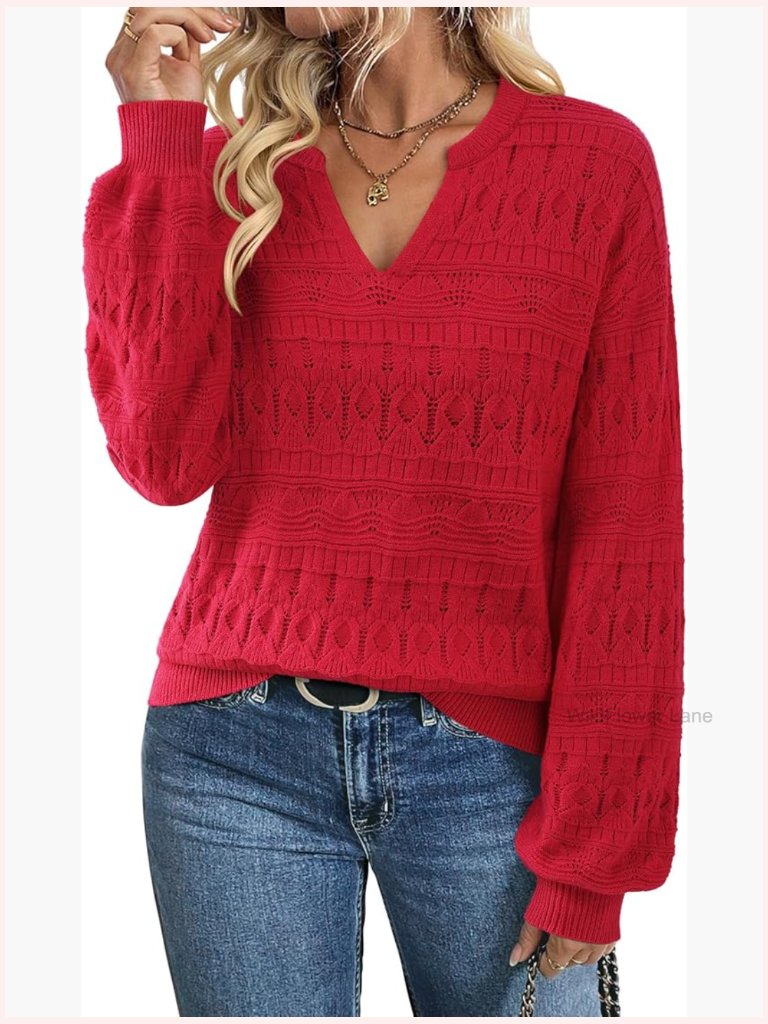 V Neck Pullover Lightweight Stretchy Knit Lantern Sleeve Cute Top